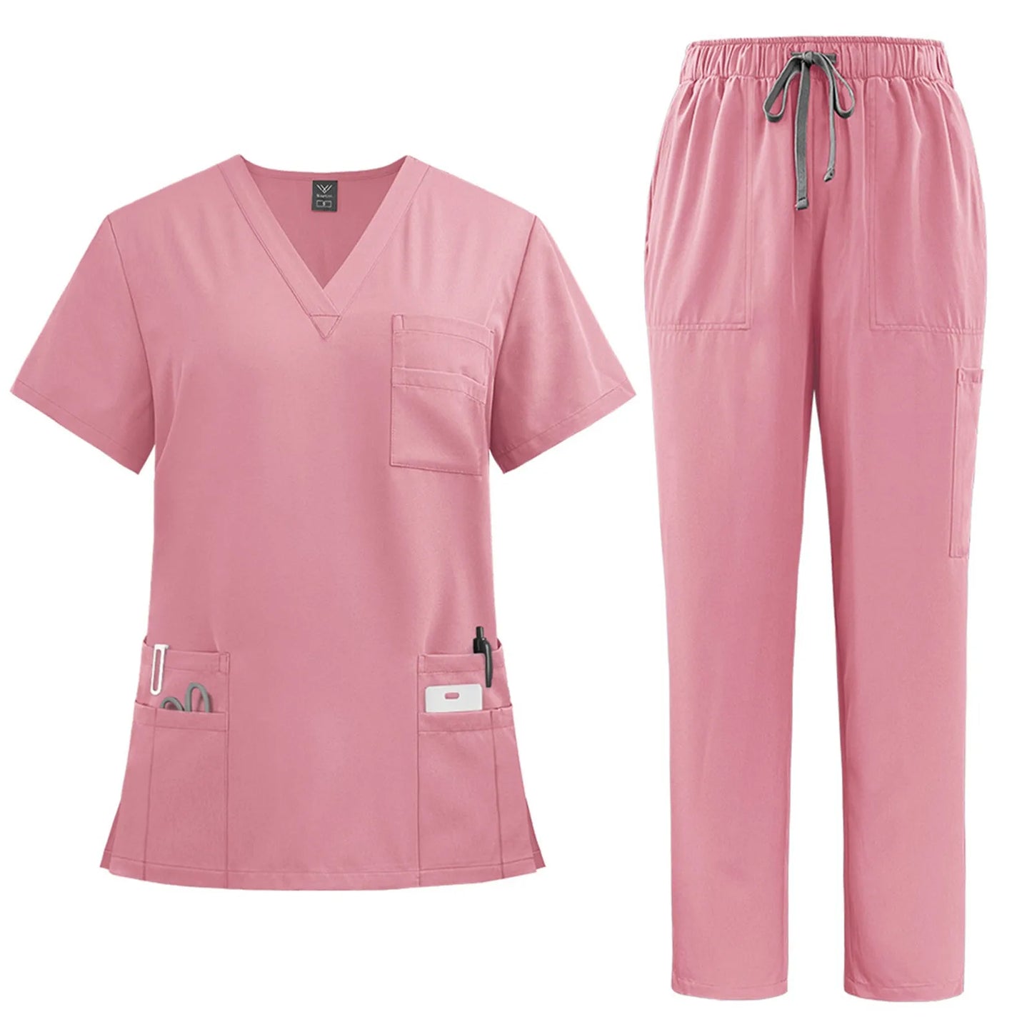 Women's solid color nurse uniform quick-drying fabric v-neck short-sleeved trousers suit