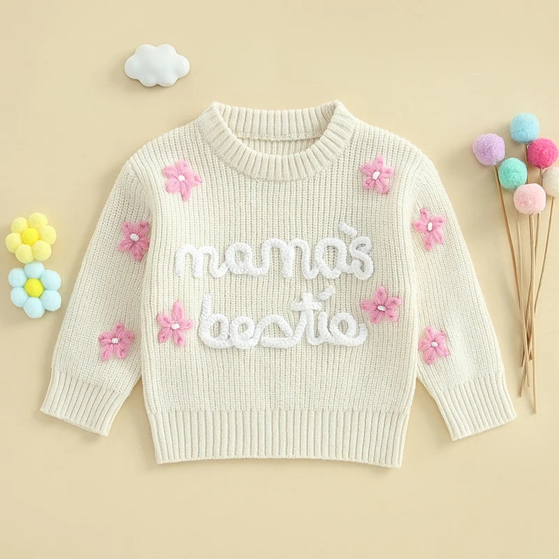 Cute Baby Girls Knit Sweater with Floral Embroidery and Cozy Long Sleeves -