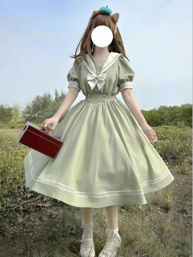 Japanese Lolita Style Puff Sleeve Dress For Women With Bow