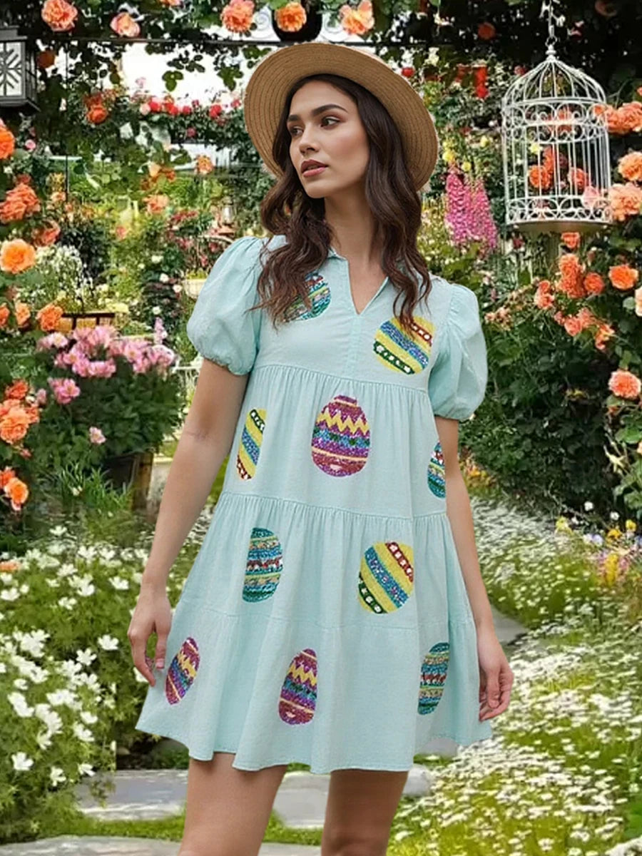 Women s Casual Loose Fit Mini Dress with Short Puff Sleeves and Round Neckline