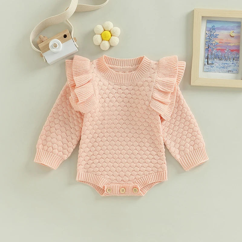 Adorable Baby Girls Knitted Ruffle Romper with Long Sleeves Solid Color