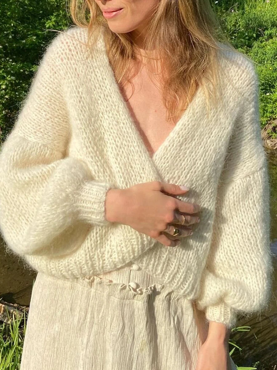 Knit Cardigan Open Front Long Puff Sleeve Women Jacket