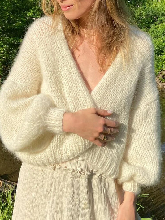 Knit Cardigan Open Front Long Puff Sleeve Women Jacket