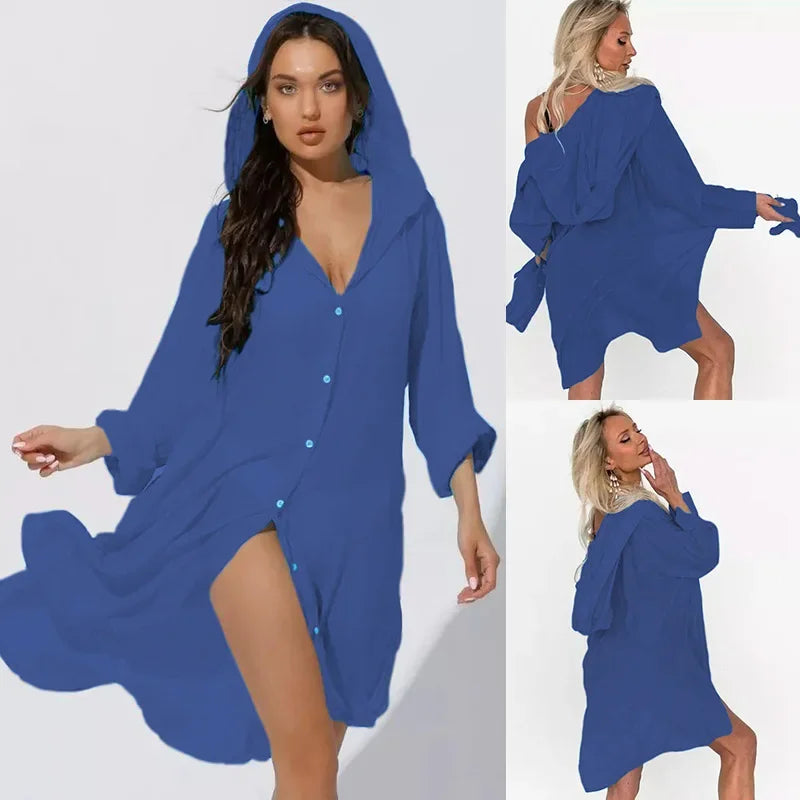 Women's Long Sleeve Button Down Tunic Dress Beach Cover Up