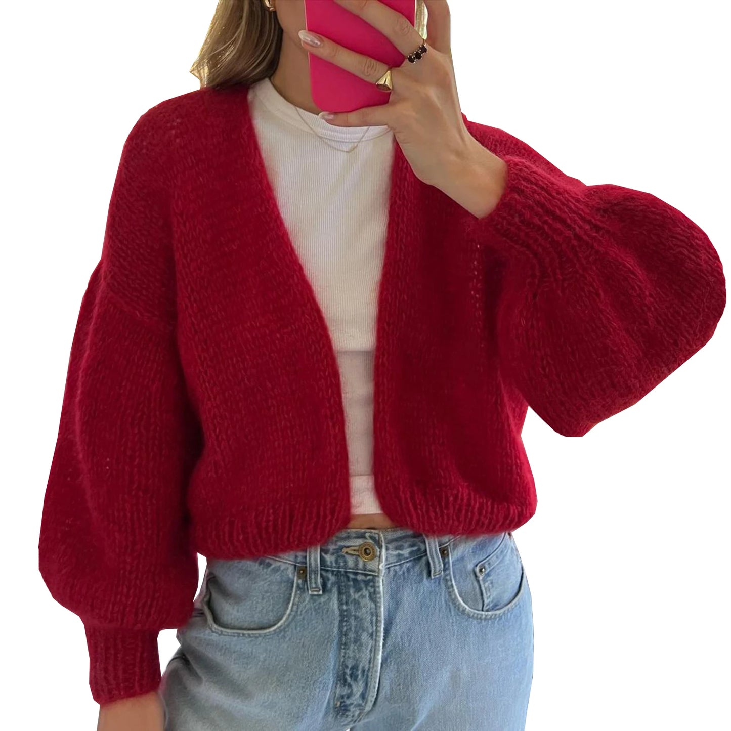 Knit Cardigan Open Front Long Puff Sleeve Women Jacket