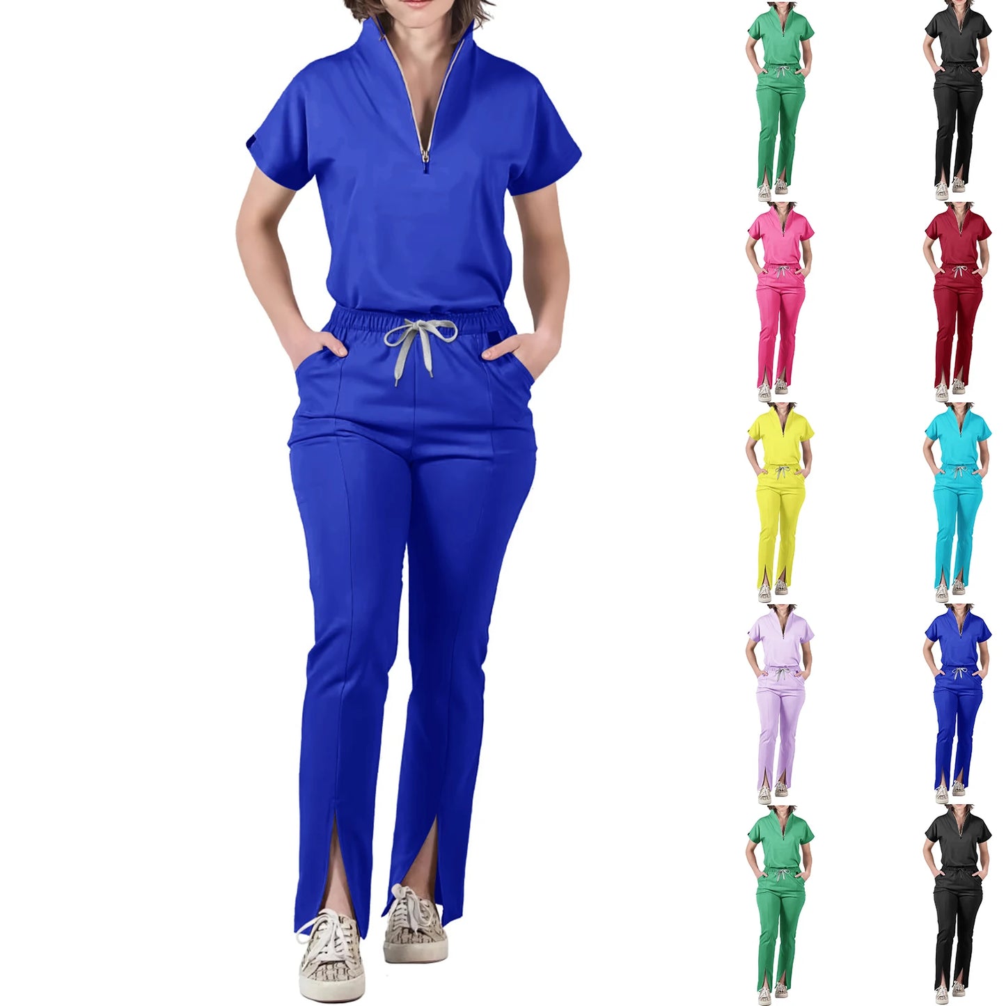 Women's Nurse Scrub Set V-Neck Half Zipper Short Sleeve Multi-Color Split Hem Pants Multi-Pocket