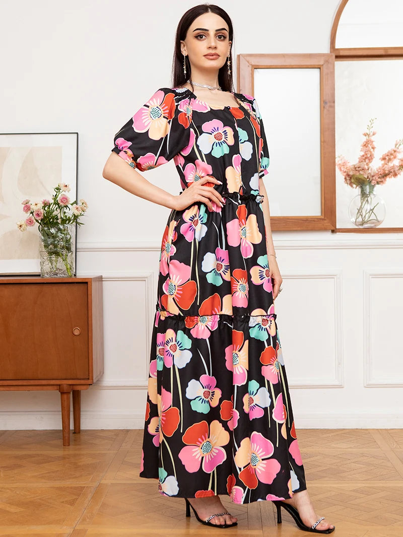 Sweet Round neck Flowers Plant Pocket Buttons Lantern sleeve Long Dress