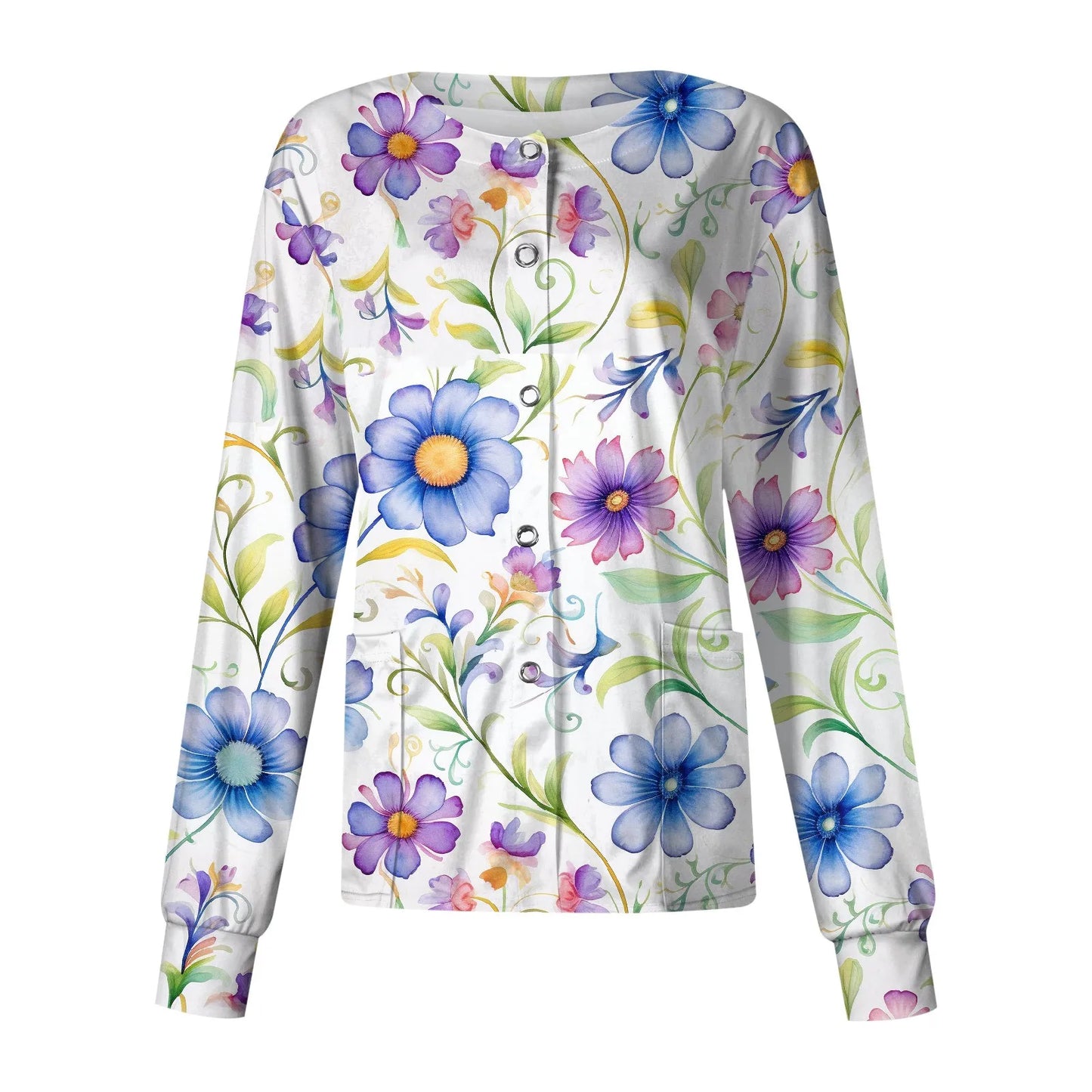 Casual Long Sleeve Nursing Work Clothes Single Breasted Floral Print Cardigan Top Jacket