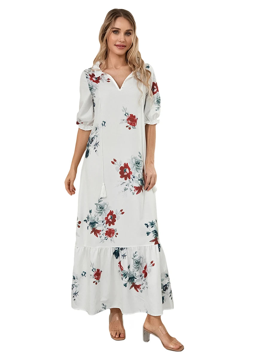 Women Long Dress Elegant Short Sleeve V Neck Flower Graphic Print