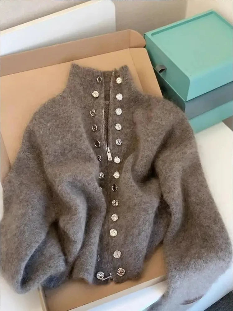Fluffy Knitted Cardigan Sweater Double Breasted Coat For Women