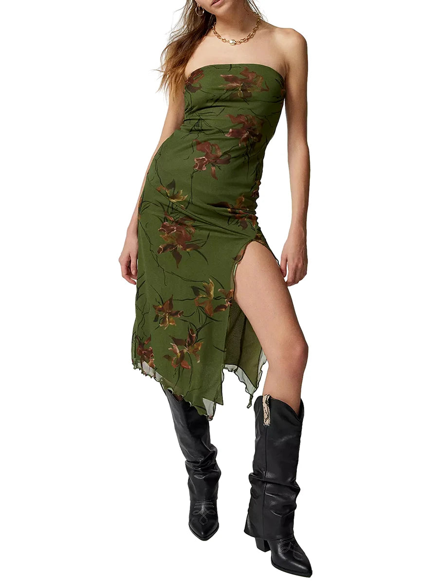 Women Floral Mesh Dress Summer Backless Strapless Split Party Dress