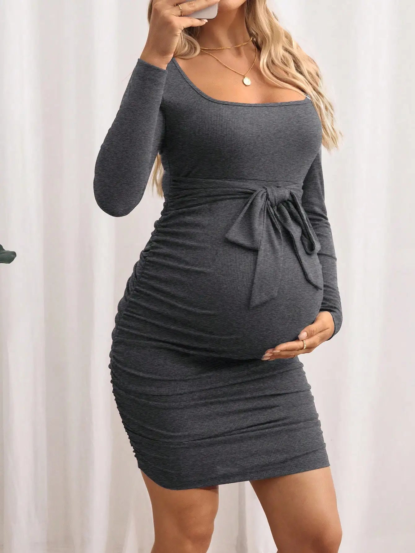 Maternity Solid Color V-Neck Long Sleeve Tie Waist Fitted Dress Burgundy