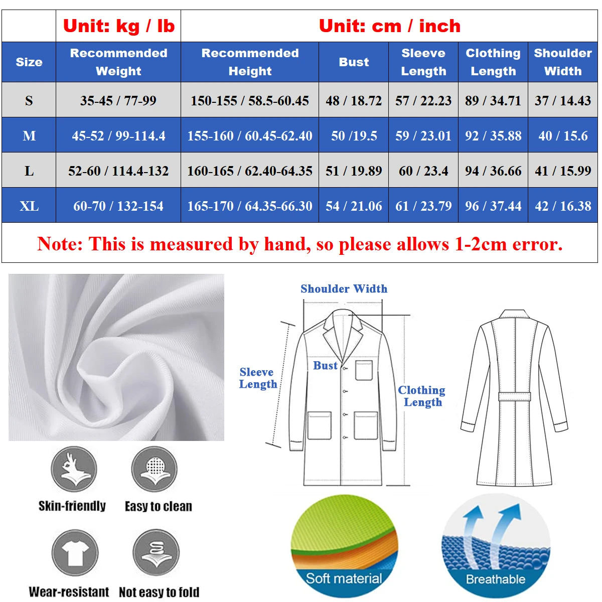 White Medical Lab Coats Nurse  Long Sleeve Laboratory Science Student Doctor Coat