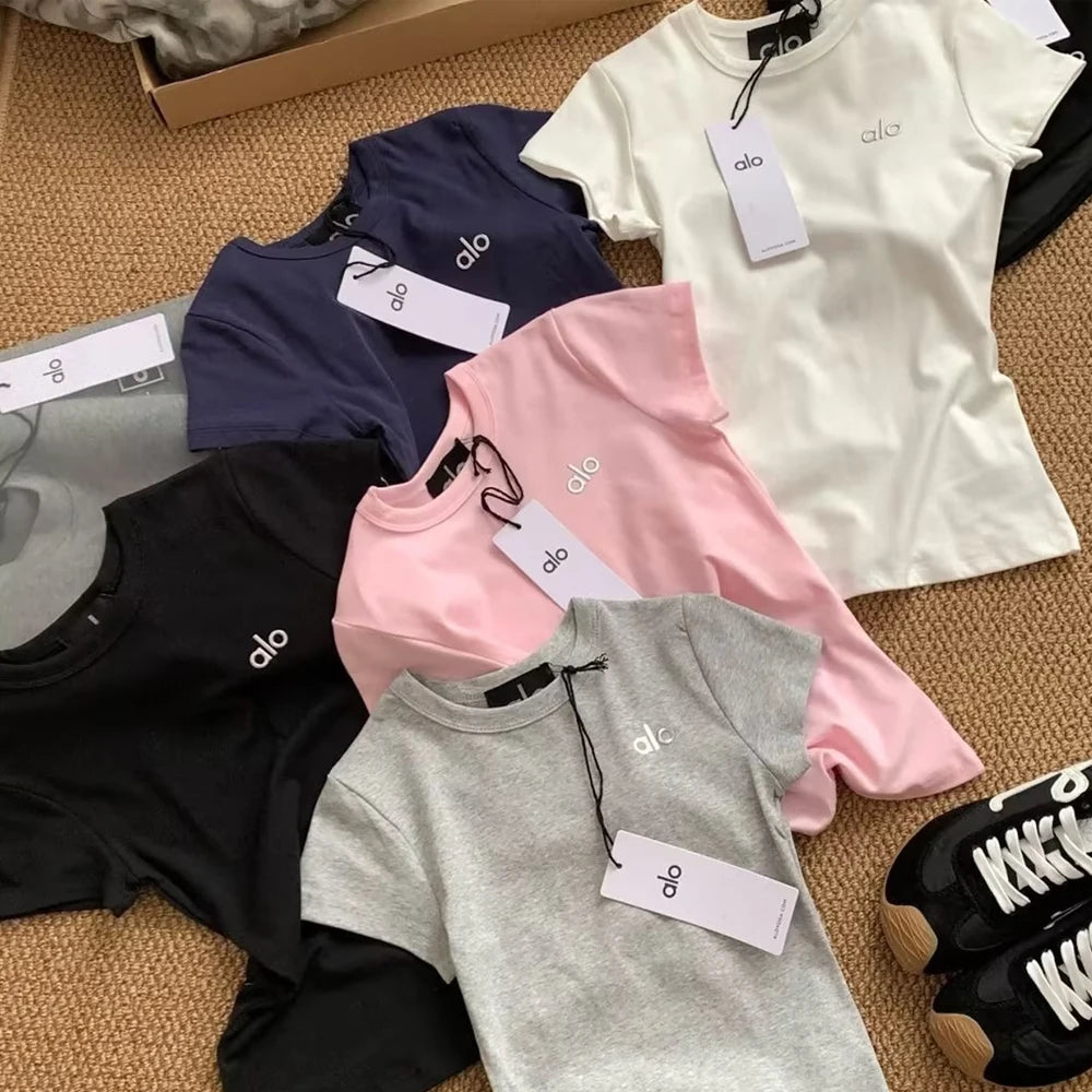 ALO Letter Printing T Shirt Women Clothes Sports Slim Fit