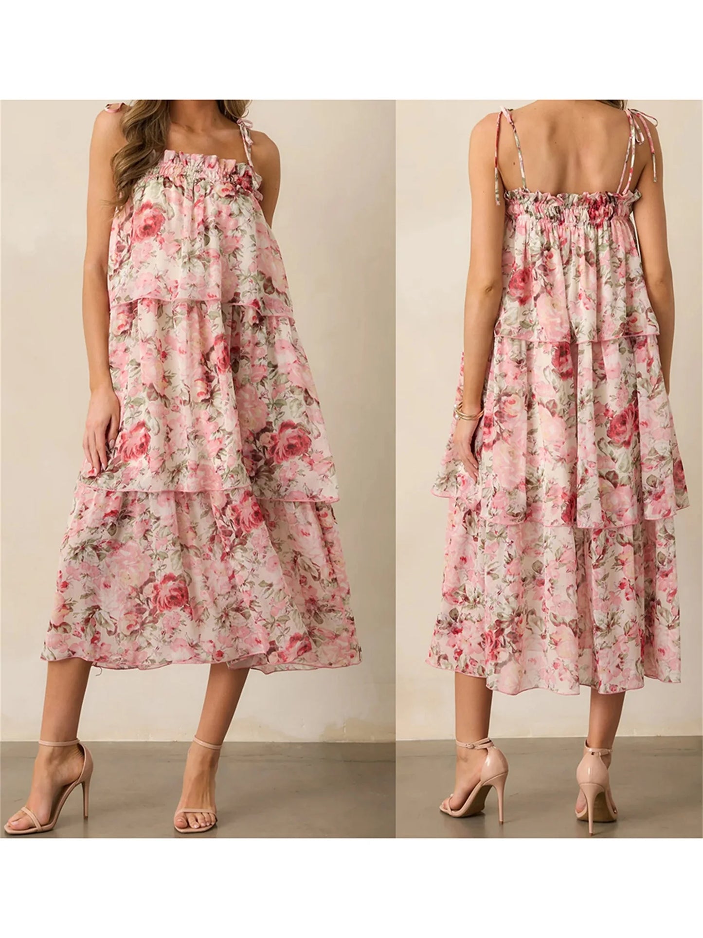 Women s Boho Floral Print Sleeveless Maxi Dress with V-Neckline and Tiered Ruffle Hem