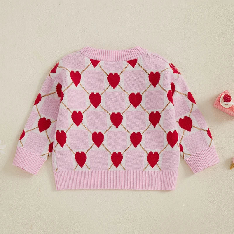 Girls Heart Patterned Knit Sweater with Long Sleeves and O Neckline -