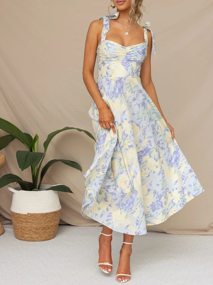Women Sling Dress Sleeveless Low-cut Tie-up Flower Print Summer Long Dress