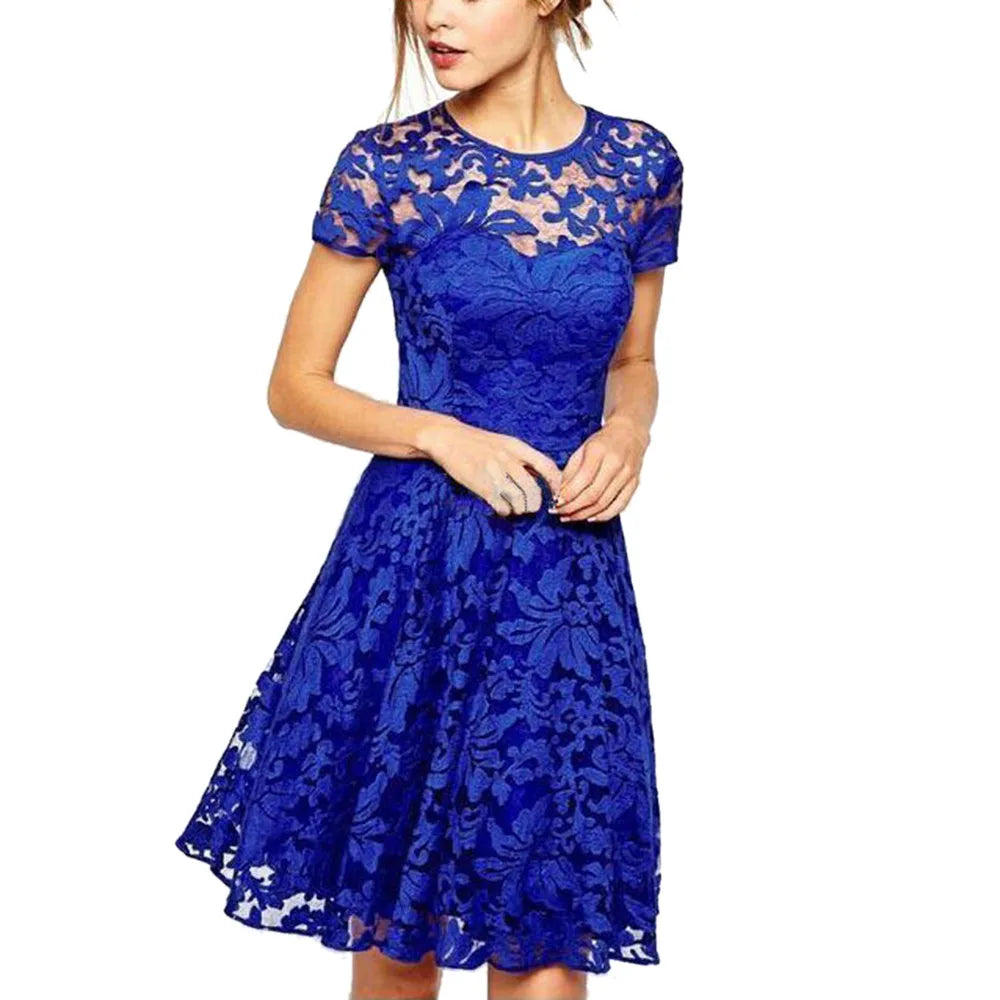 Women Summer Dress See-through Hollow Out Lace Short Sleeves