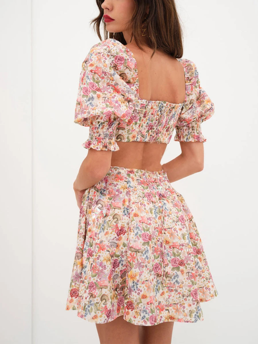Women s Summer Floral Print Dress Short Puff  Square Neck Cutout Waist