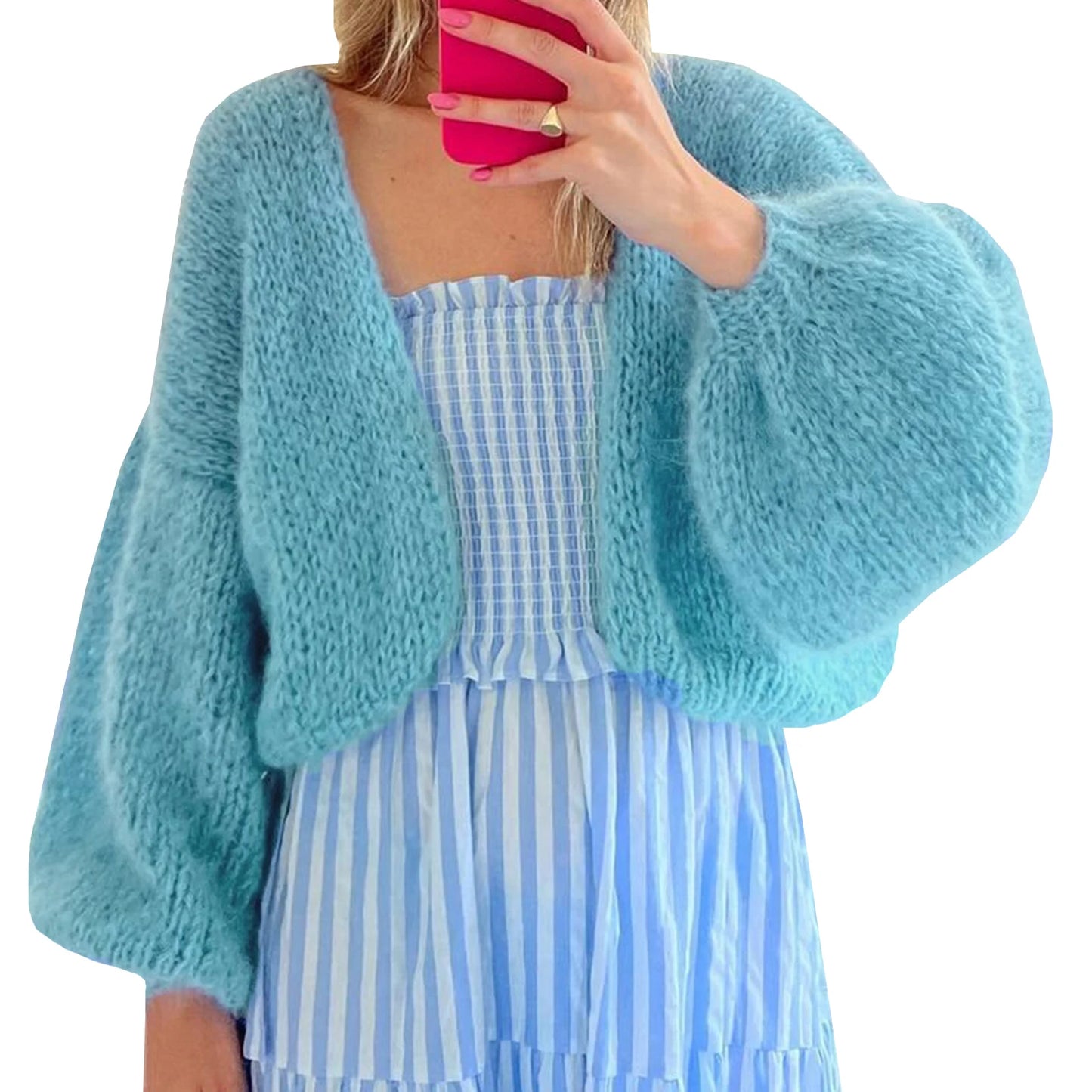 Knit Cardigan Open Front Long Puff Sleeve Women Jacket