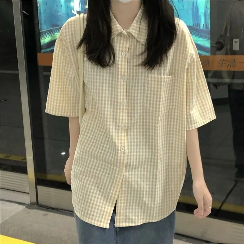 Plaid Shirts for Women Youthful Commuting Fresh Pocket Summer Short Sleeve