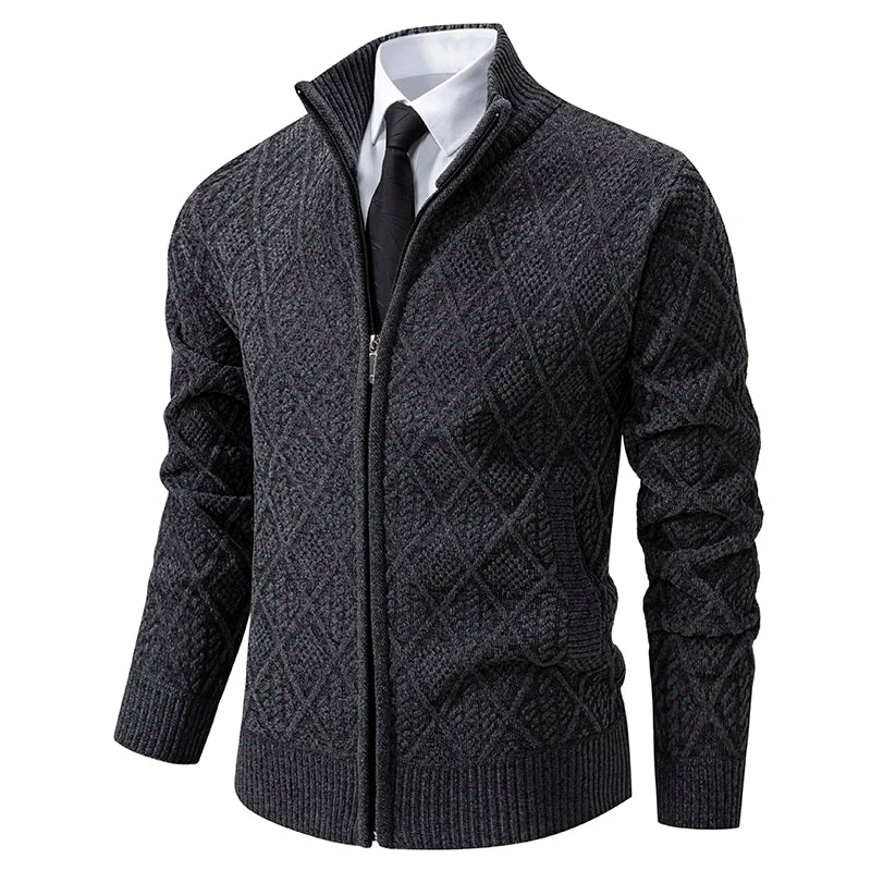 Men's Fleece Lined Plaid Cardigan Zip Up Jacket Polyester Knit