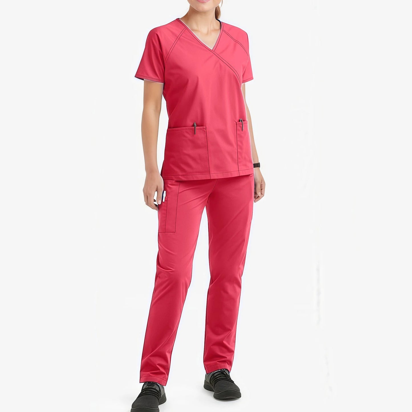 Women's Nurse Scrub Set V-Neck Short Sleeve Multi-Color Zipper Pocket Long Pants Medical Uniform Cozy Professional Workwear