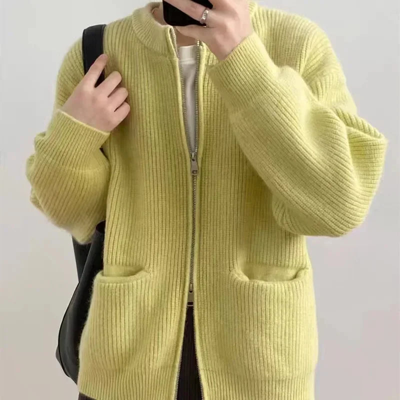 Cozy Knit Cardigan Jacket With Double Zipper For Autumn Winter