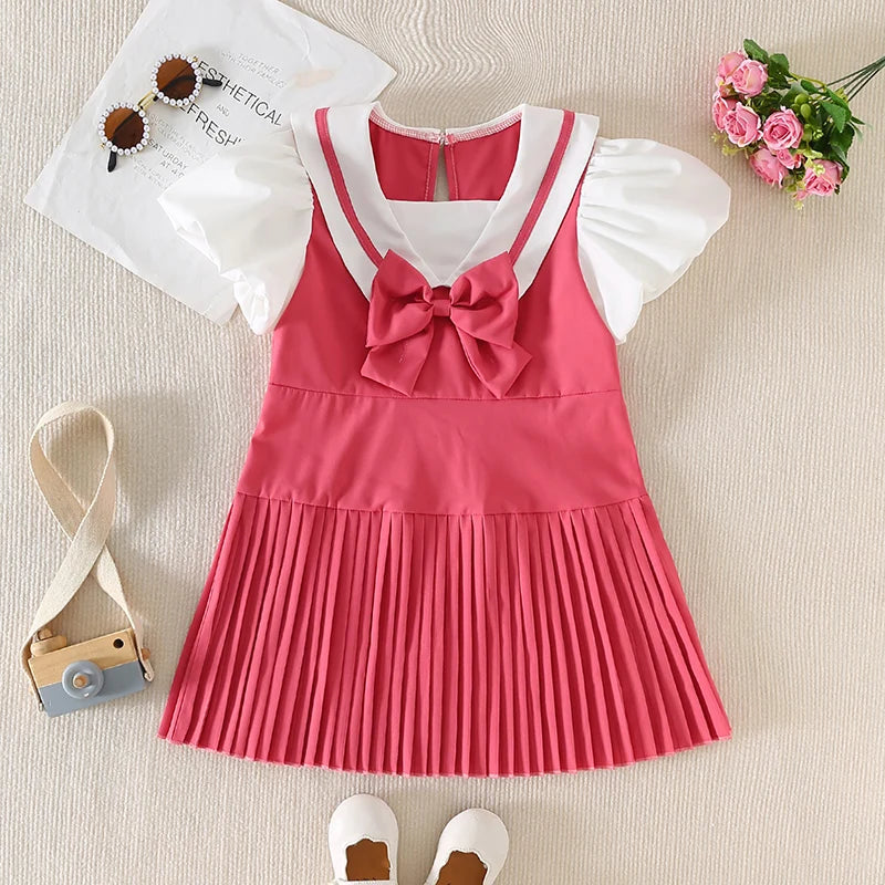 Youthful Girl s Summer Dress with Short Puff Sleeves V-Neckline and Bow Detail