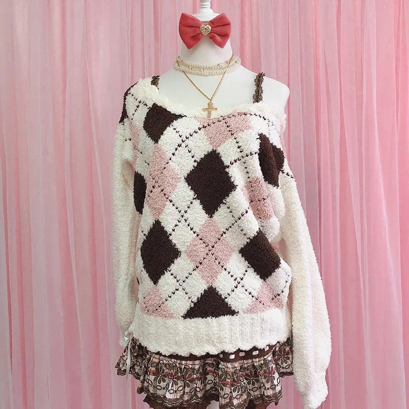Rhombus Pattern Sweater For Women College Style Pullover