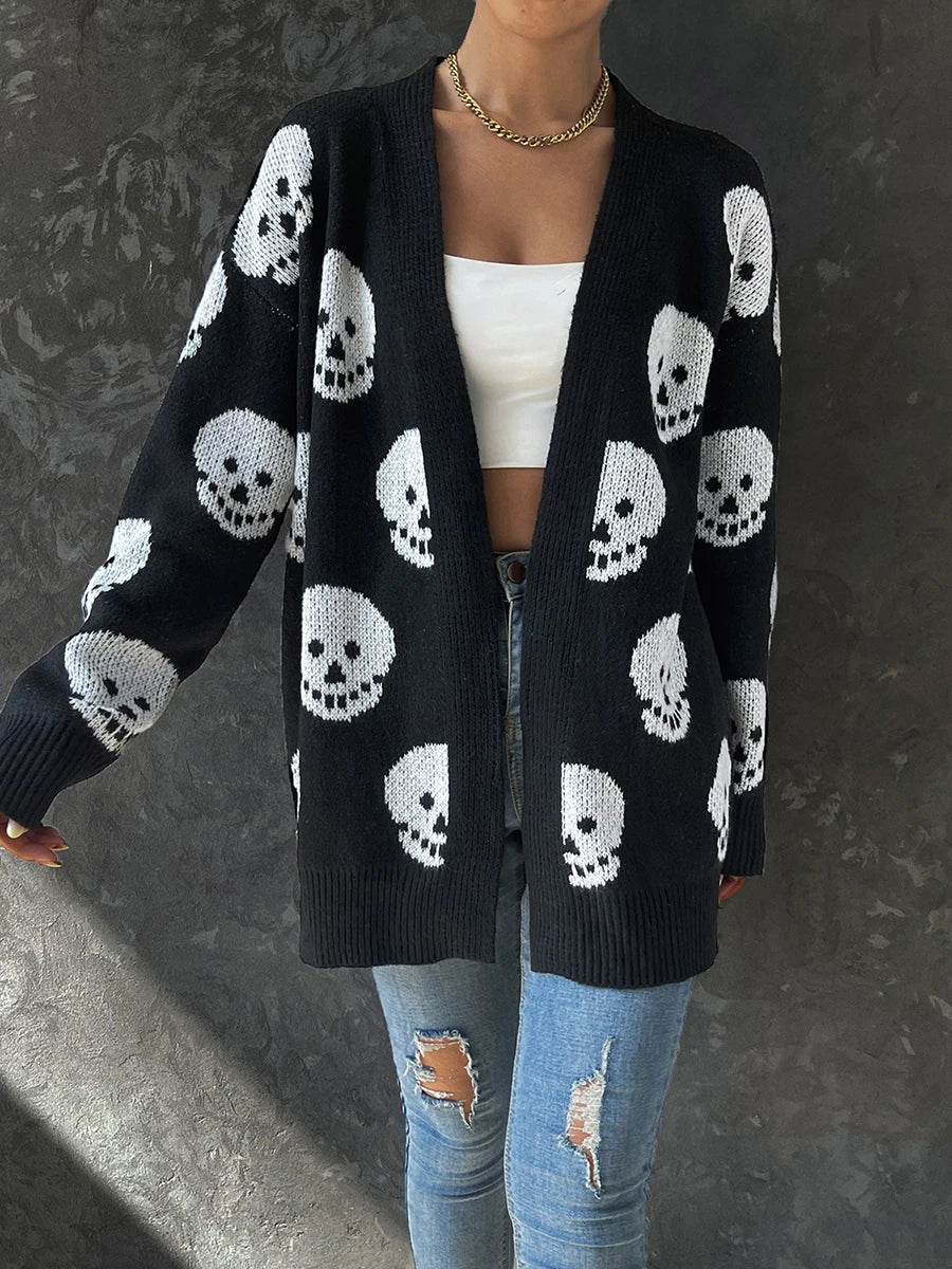 Women Halloween Skull Knit Cardigan Open Front Long Sleeve