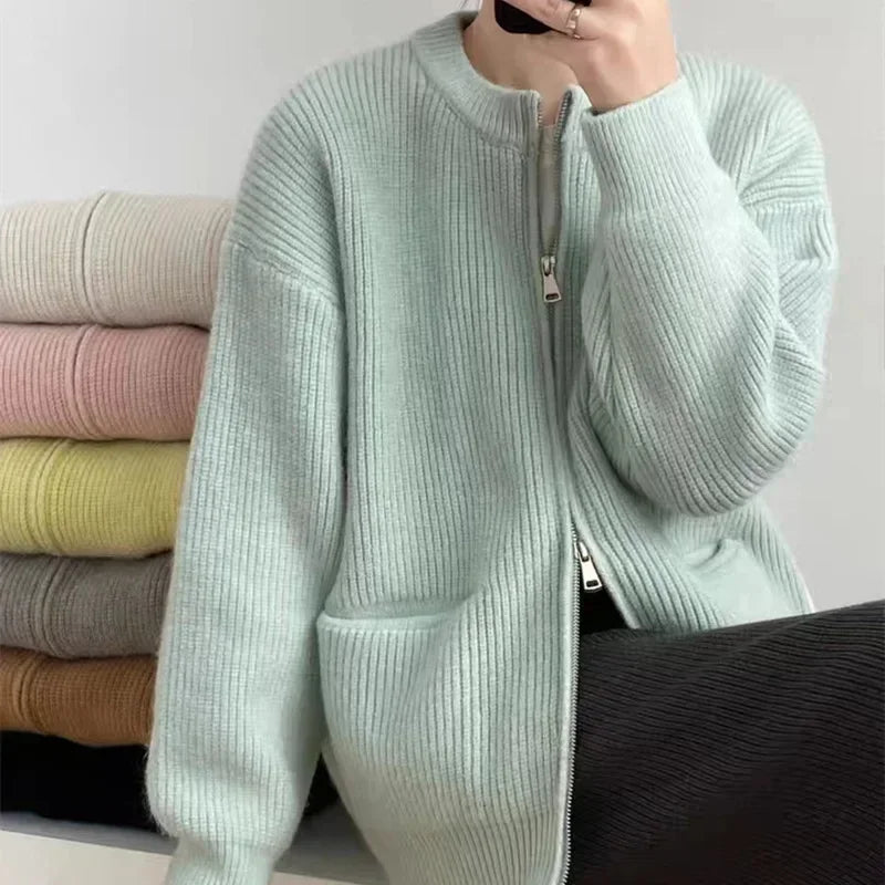Cozy Knit Cardigan Jacket With Double Zipper For Autumn Winter