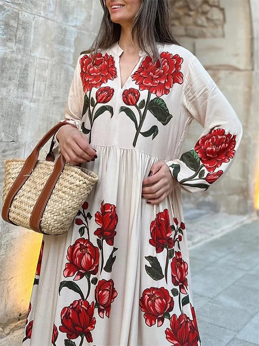 Women s Elegant Floral Print V-Neck Long Sleeve Maxi Dress for Casual Fall Style