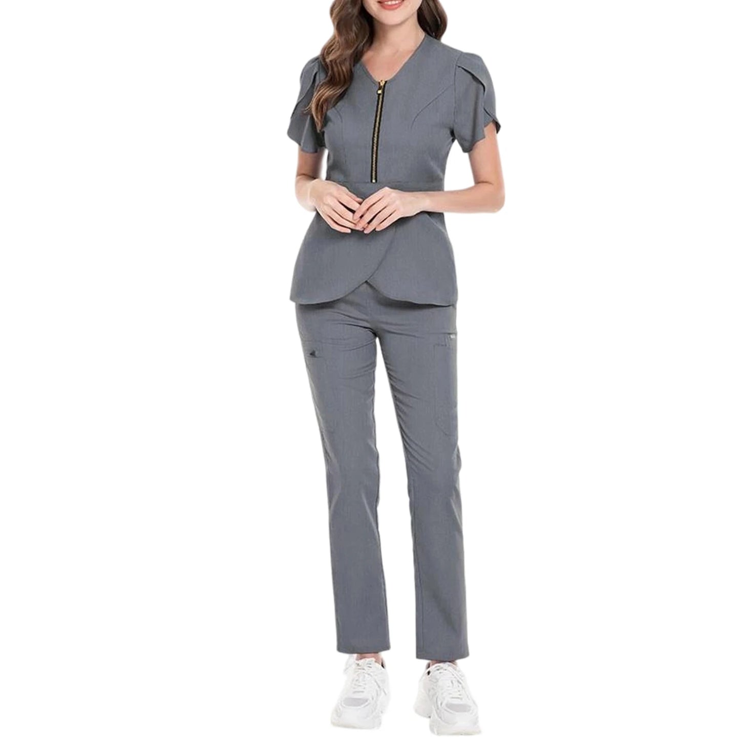 Women's Nurse Scrub Set V-Neck Short Sleeve Zipper Ruffle Sleeve Multi-Color Long Pants