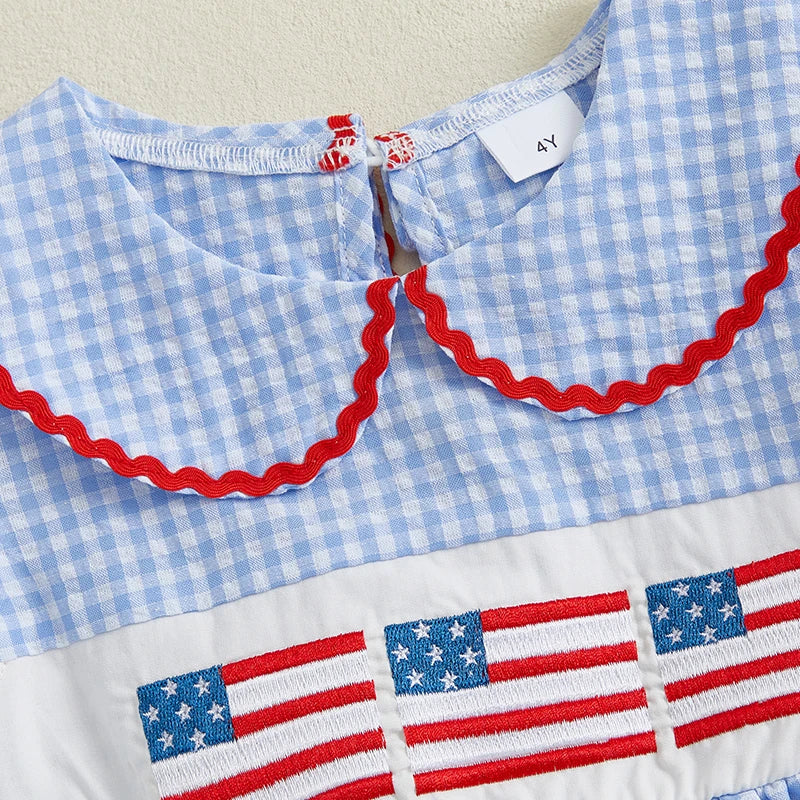 Girls Patriotic 4th of July Dress with Flutter Sleeves and Round Neckline American Flag