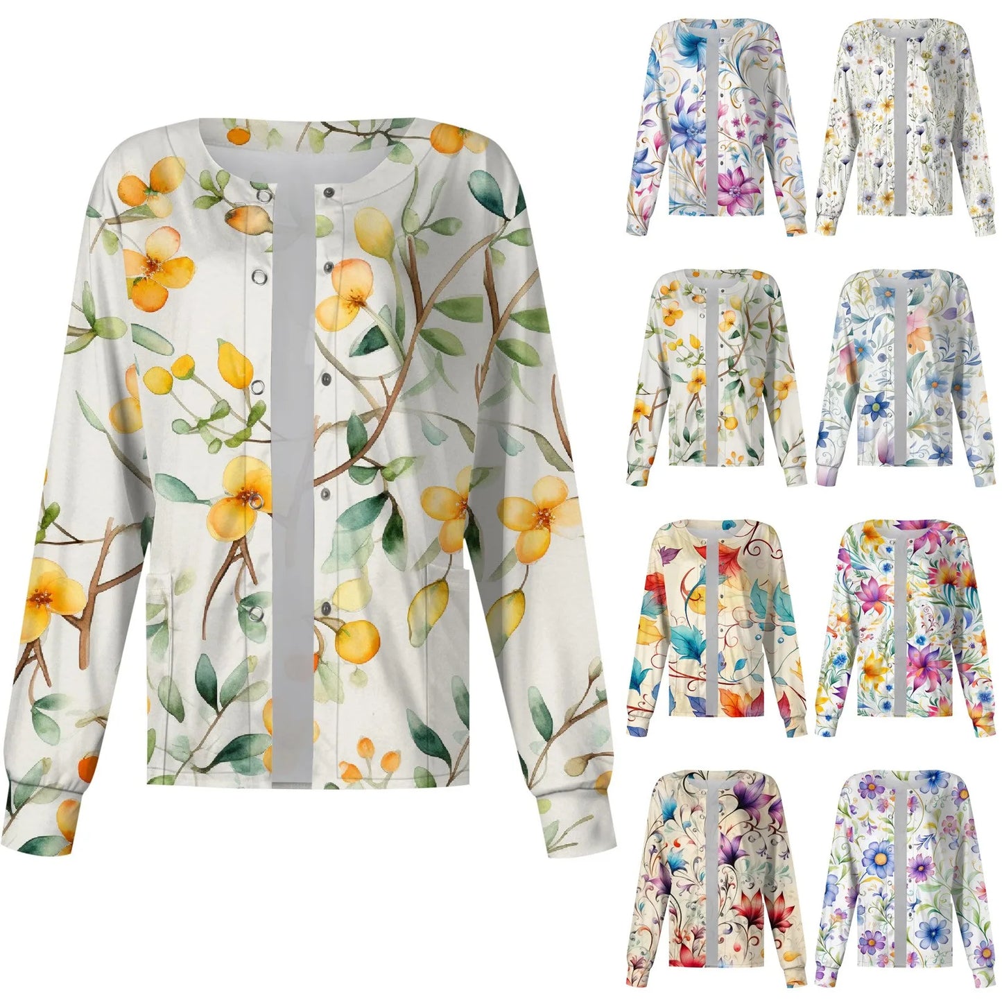 Casual Long Sleeve Nursing Work Clothes Single Breasted Floral Print Cardigan Top Jacket