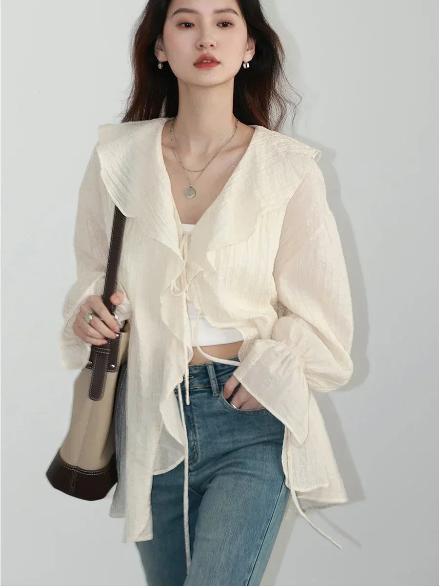CHIC VEN Women Shirt Loose Casual Ruffled Edges Female Blouses