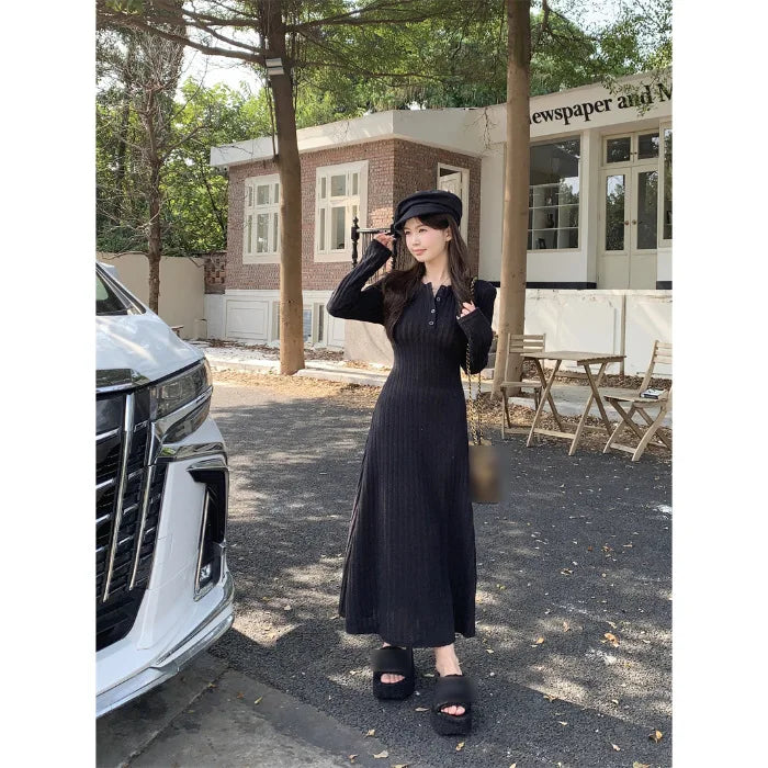 French Style Long Sleeve Knitted Dress Cinched Waist A Line