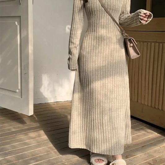French Style Long Sleeve Knitted Dress Cinched Waist A Line