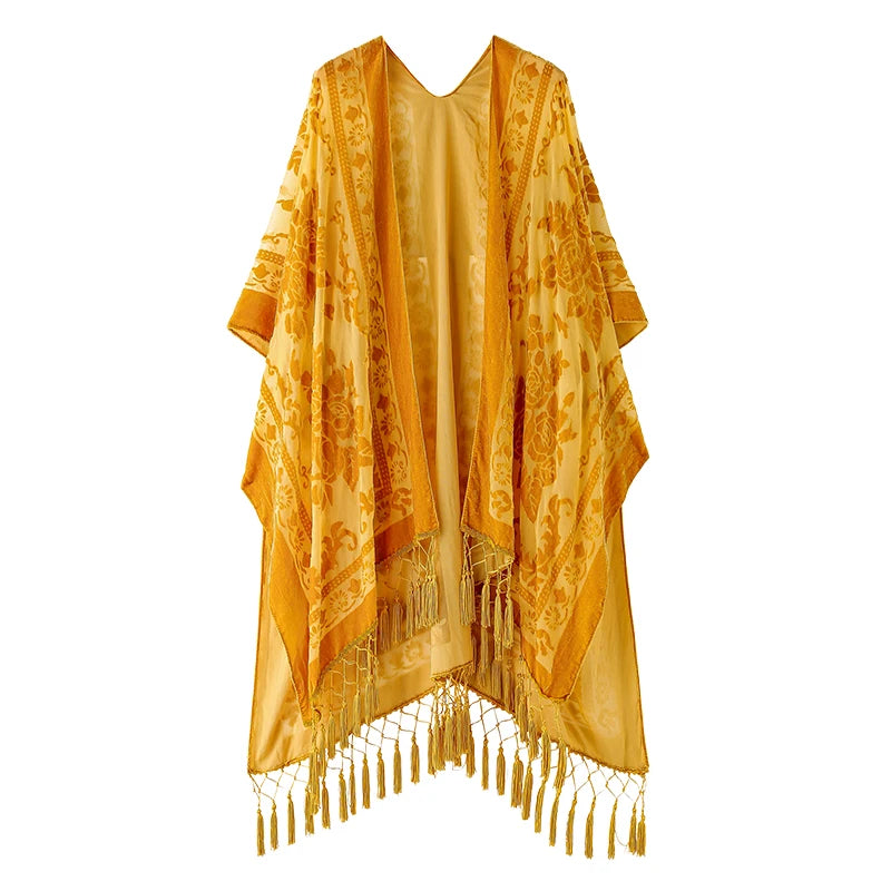 WeHello Women's Burnout Velvet Kimono Long Cardigan Cover Up with Tassel