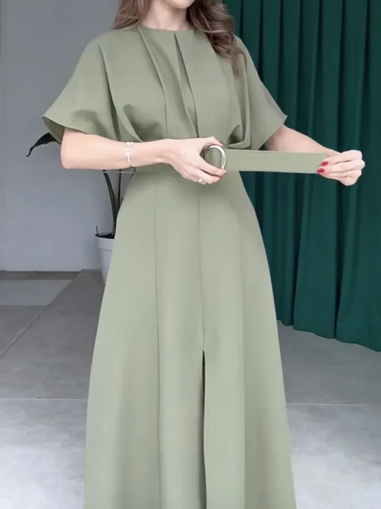 2025 Woman Summer Dress Elegant Office Dresses 2025 New Short Sleeve with Belt Pleated