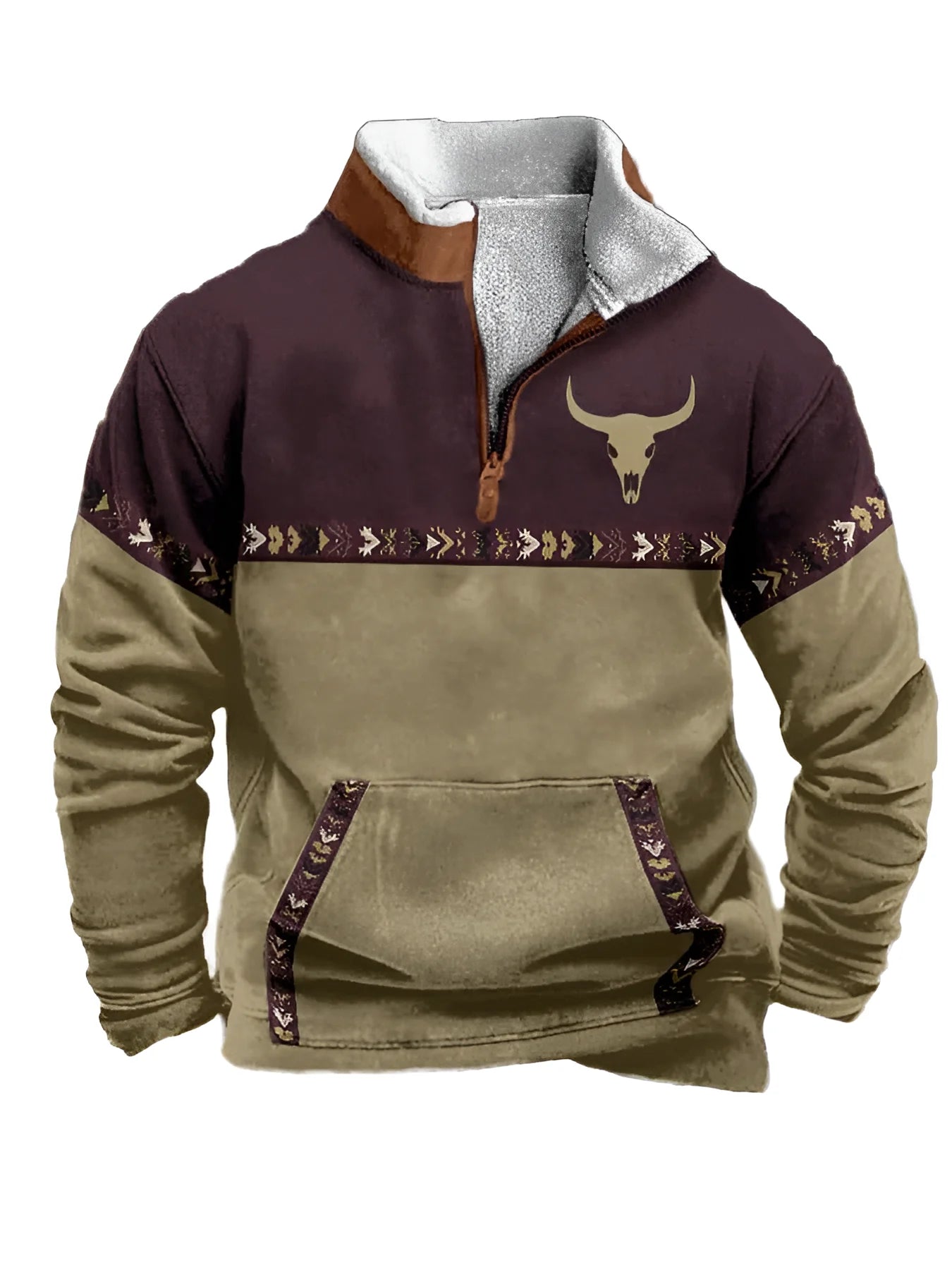 Men'S Vintage Western Hoodie with Aztec Cowboy Design - Beige & Gray Zip-Up Pullover