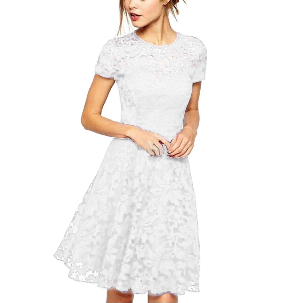 Women Summer Dress See-through Hollow Out Lace Short Sleeves