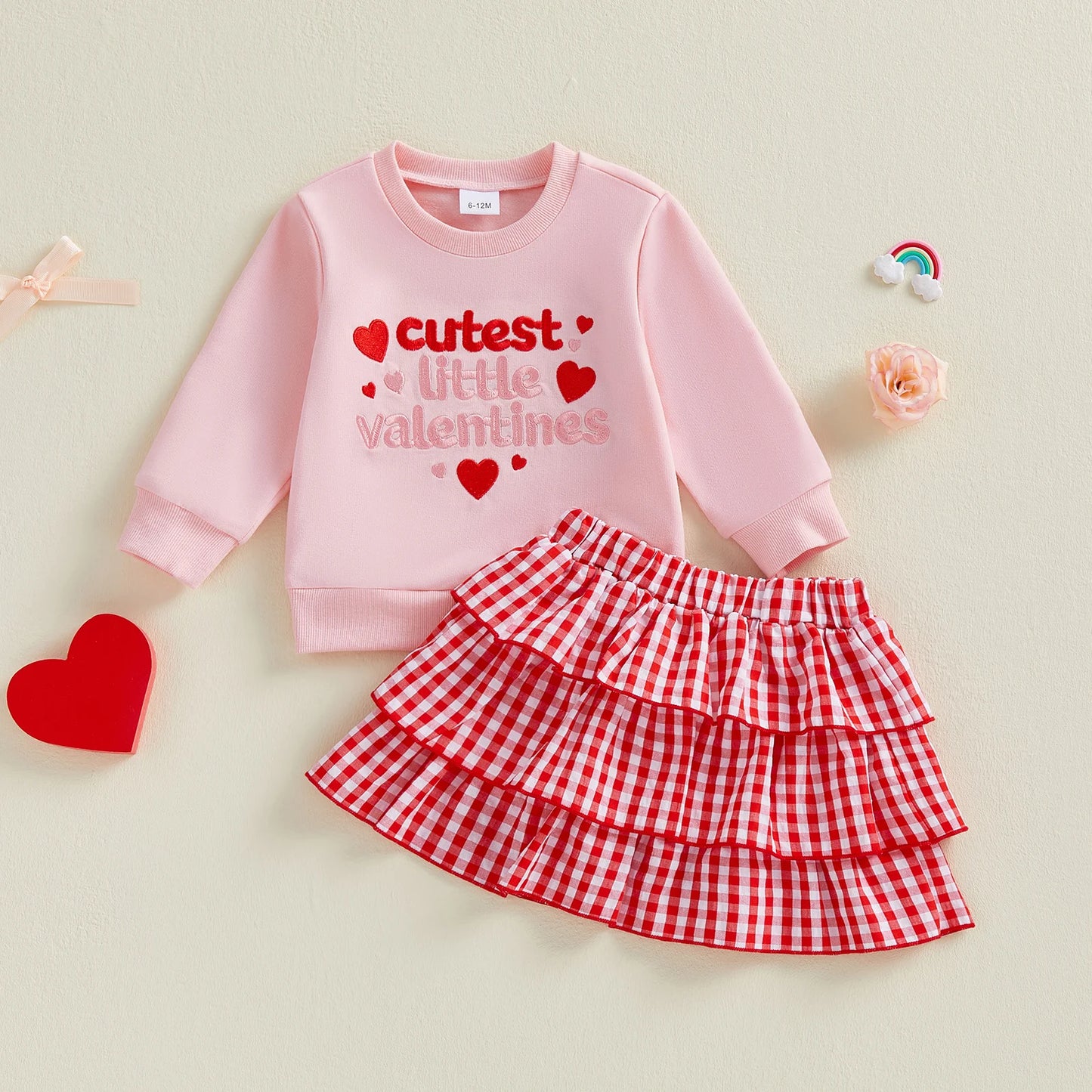Valentine s Day Girls 2 Piece Outfits Heart Print Long Sleeve Crew Neck Tops and Ruffle Hem