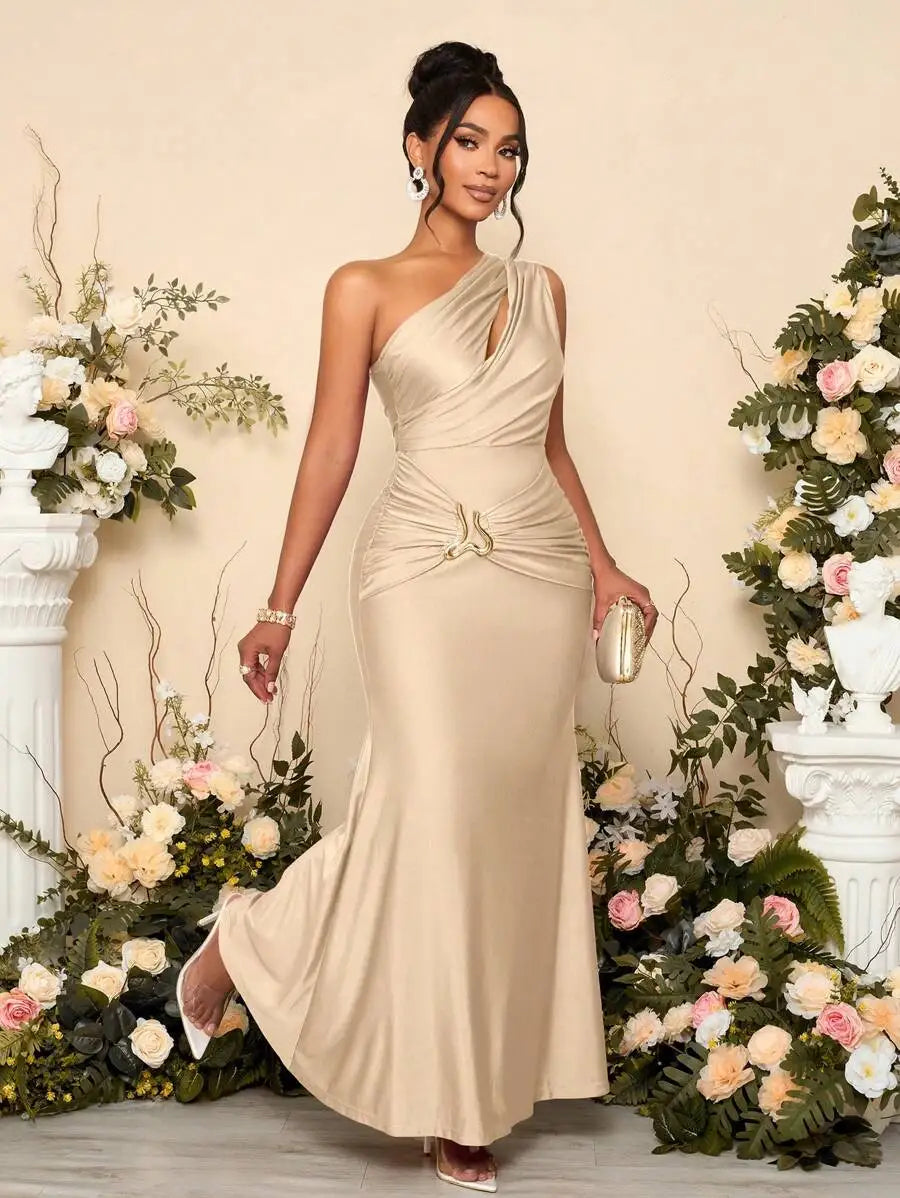 Women's Solid Color Hollow Asymmetric Neck Metal Decorated Bodycon Dress