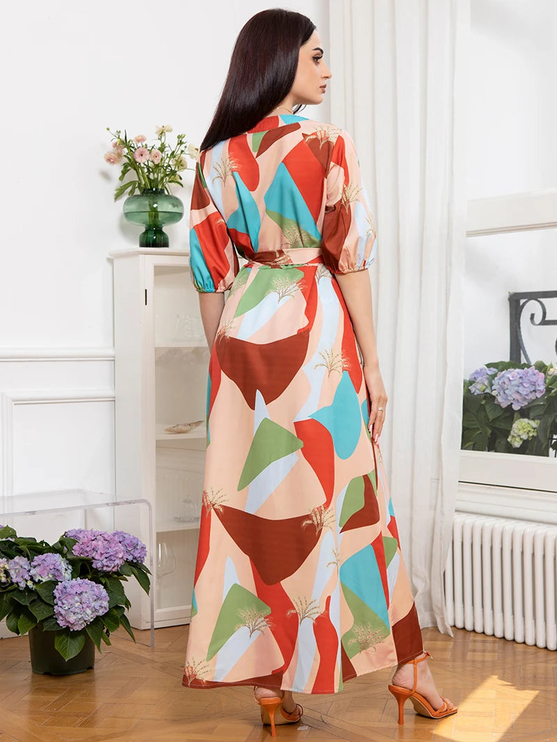 Simplicity V-neck Geometry Plant Split fork Belt Lantern sleeve Long Dresses