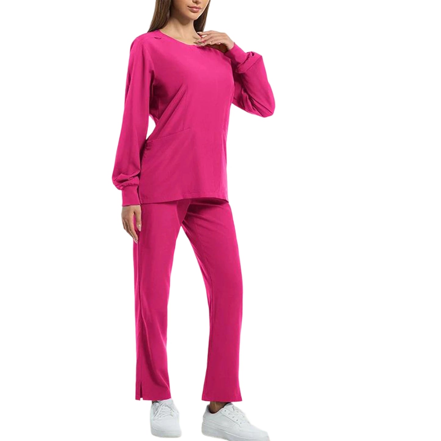 Women's Nurse Scrub Set Round Neck Long Sleeve Multi-Color Split Hem Pants Multi-Pocket