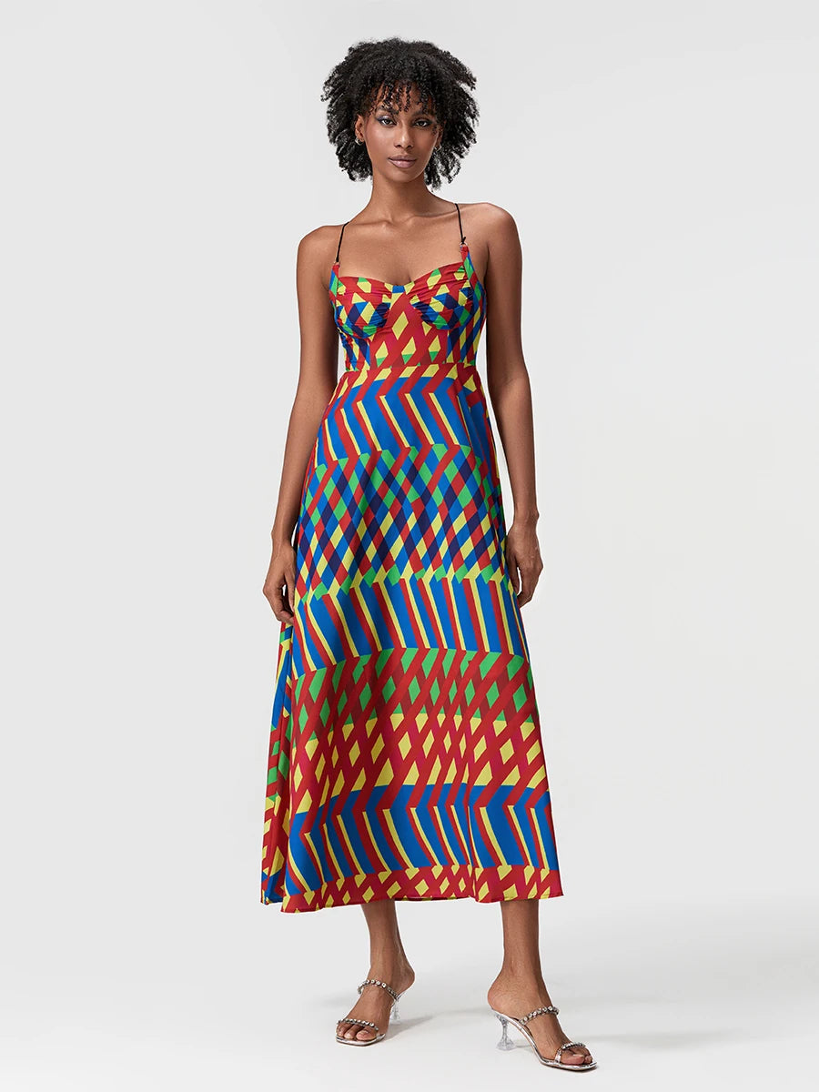 Women s Long Slip Dress Contrast Line Print Sleeveless Spaghetti Strap