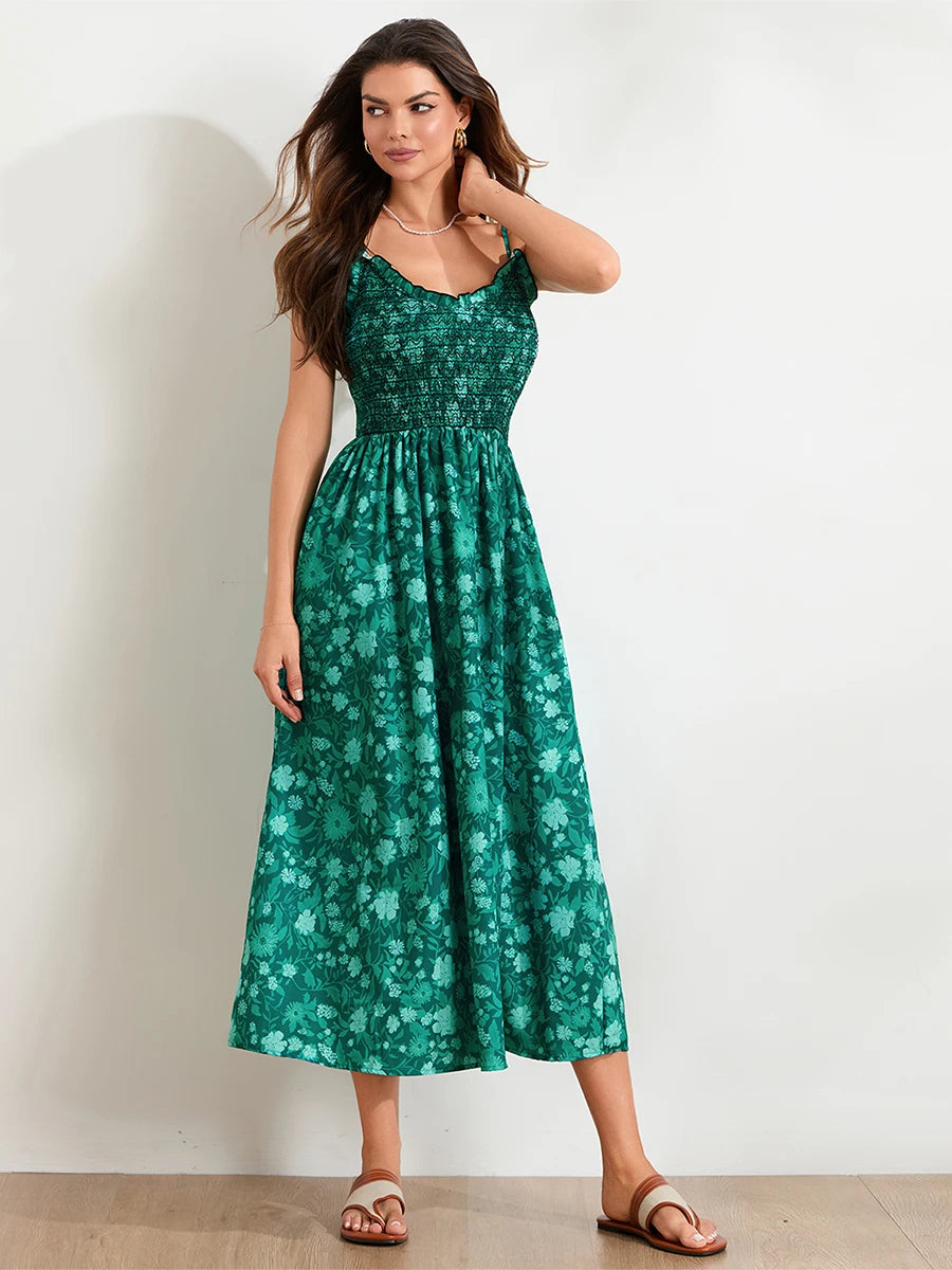 Elegant V-Neck Sleeveless Maxi Dress with Lace Trim Flowy A-Line Evening Gown