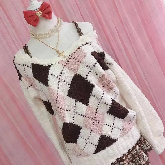 Rhombus Pattern Sweater For Women College Style Pullover